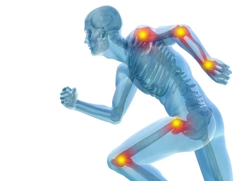 Illustration of a runner with the knee, hip and wrist joints highlighted